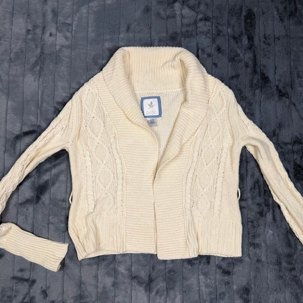 Aerie Womens Cream Cable Knit Shawl Collar Open Front Cardigan Sweater Size M